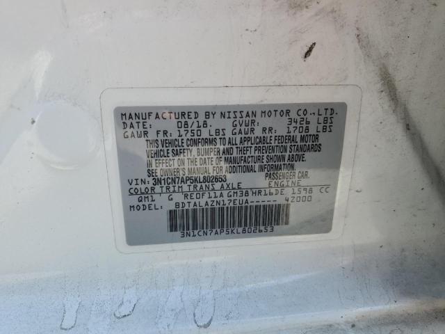 3N1CN7AP5KL802653 - 2019 NISSAN VERSA S WHITE photo 12