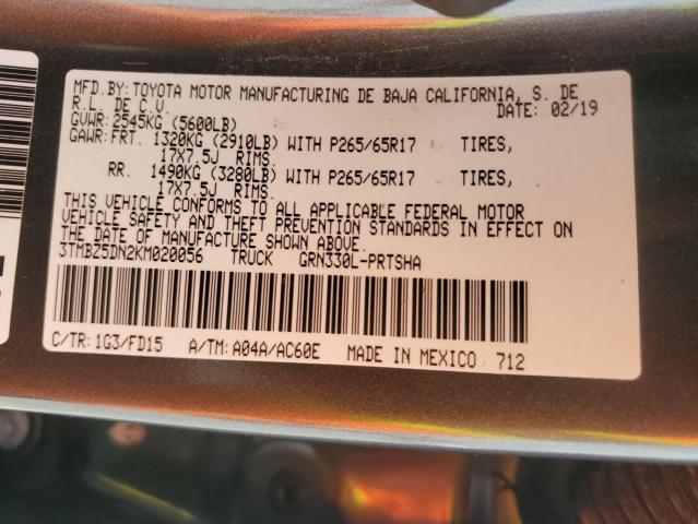 3TMBZ5DN2KM020056 - 2019 TOYOTA TACOMA DOUBLE CAB ნაცრისფერი ფოტო 12