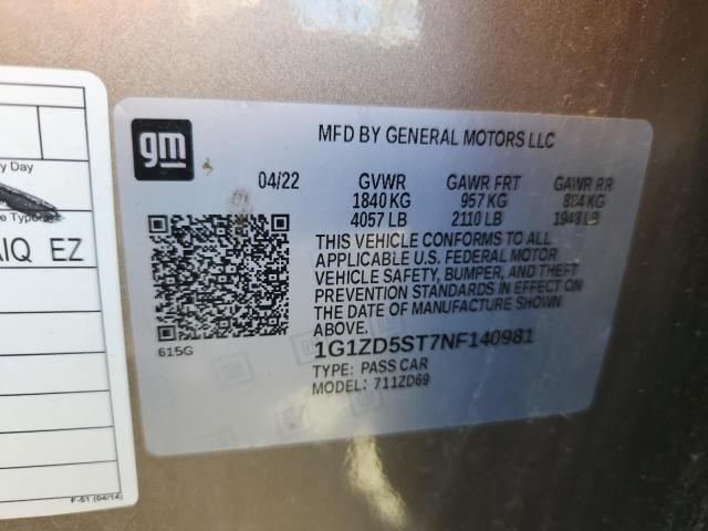 1G1ZD5ST7NF140981 - 2022 CHEVROLET MALIBU LT ოქროსფერი ფოტო 12