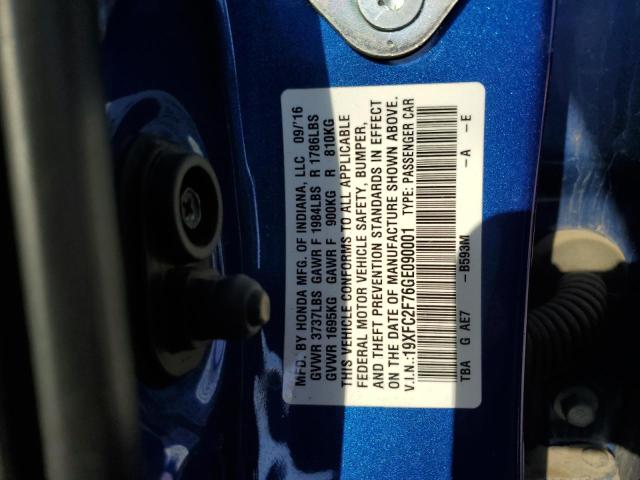 19XFC2F76GE090001 - 2016 HONDA CIVIC EX BLUE photo 13