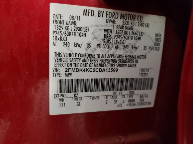 2FMDK4KC6CBA13599 - 2012 FORD EDGE LIMITED RED photo 12