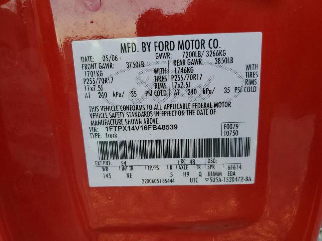 1FTPX14V16FB48539 - 2006 FORD F150 RED photo 12