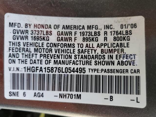 1HGFA15876L054495 - 2006 HONDA CIVIC EX GRAY photo 13