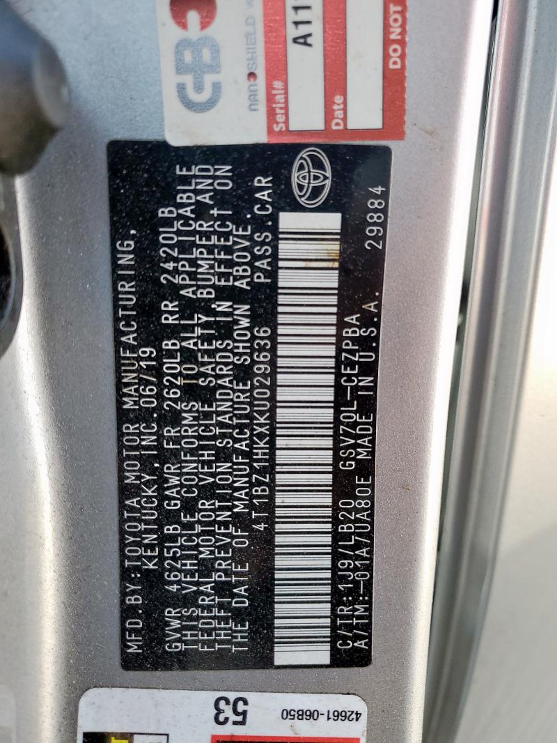 4T1BZ1HKXKU029636 - 2019 TOYOTA CAMRY XSE ვერცხლისფერი ფოტო 13