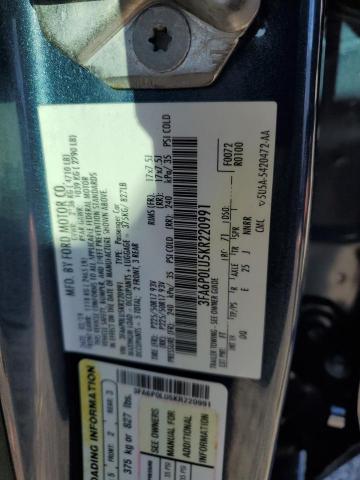 3FA6P0LU5KR220991 - 2019 FORD FUSION SE BLUE photo 12