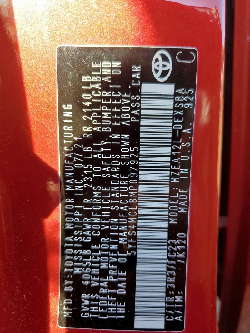 5YFS4MCE8MP097925 - 2021 TOYOTA COROLLA SE Rouge photo 12