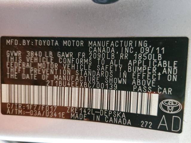 2T1BU4EEXBC700139 - 2011 TOYOTA COROLLA BASE SILVER photo 12