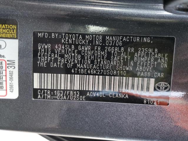 4T1BE46K27U508110 - 2007 TOYOTA CAMRY CE GRAY photo 12