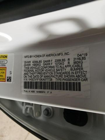 1HGCV1F10KA077728 - 2019 HONDA ACCORD LX WHITE photo 13