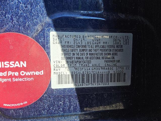 3N1AB7AP9KY347003 - 2019 NISSAN SENTRA S ლურჯი ფოტო 12