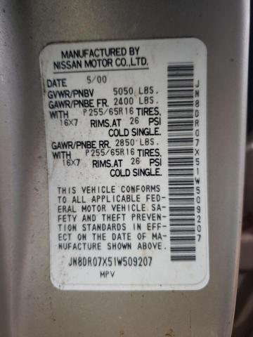 JN8DR07X51W509207 - 2001 NISSAN PATHFINDER LE GOLD photo 12