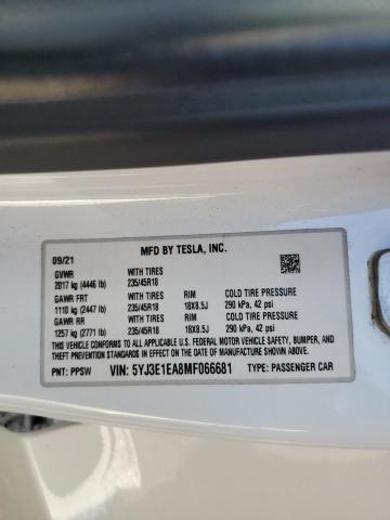5YJ3E1EA8MF066681 - 2021 TESLA MODEL 3 WHITE photo 12