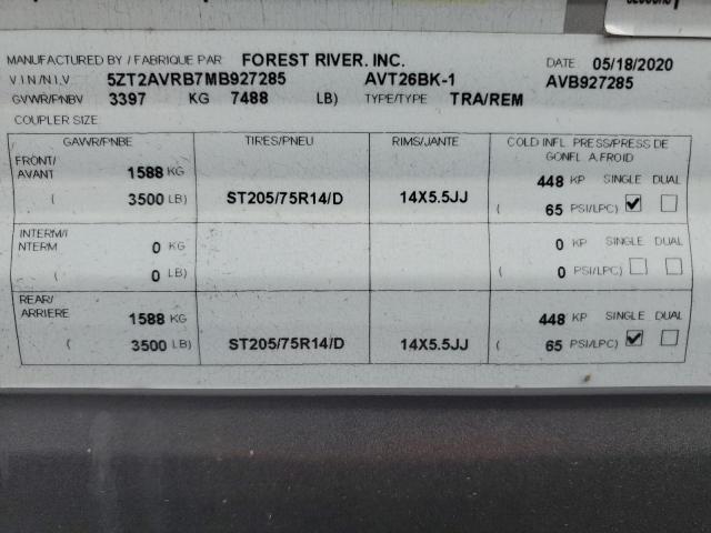 5ZT2AVRB7MB927285 - 2021 FOREST RIVER AVENGER 26BK Екі түсті фото 10