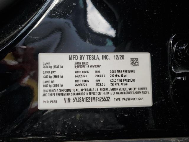 5YJSA1E21MF425532 - 2021 TESLA MODEL S შავი ფოტო 12