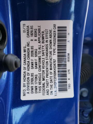 2HGFC2F69KH534767 - 2019 HONDA CIVIC LX BLUE photo 12