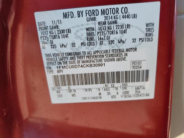 1FMCU0D74CKB30991 - 2012 FORD ESCAPE XLT RED photo 13