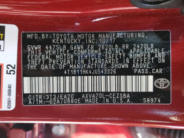 4T1B11HK4JU543326 - 2018 TOYOTA CAMRY L BURGUNDY photo 12