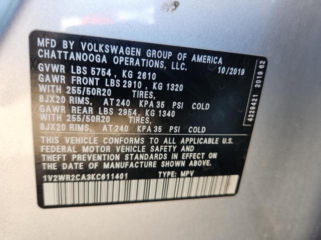 1V2WR2CA3KC611401 - 2019 VOLKSWAGEN ATLAS SE Серебристый фото 13
