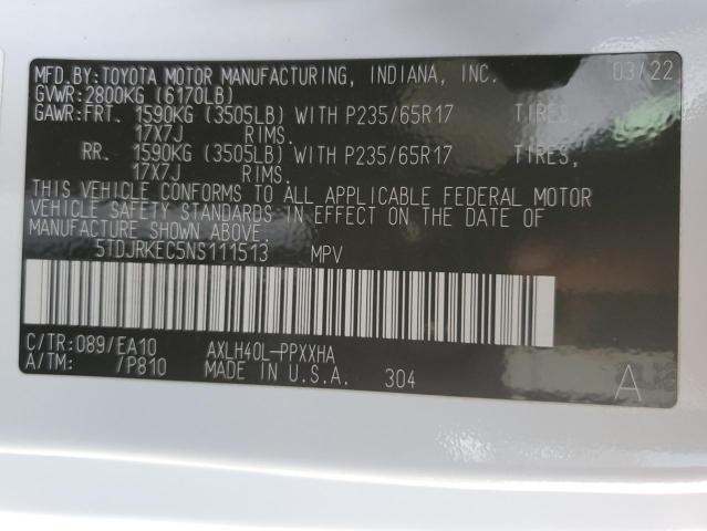 5TDJRKEC5NS111513 - 2022 TOYOTA SIENNA XLE WHITE photo 14