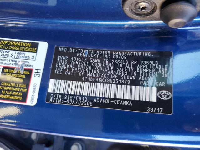 4T1BE46KX9U351879 - 2009 TOYOTA CAMRY BASE BLUE photo 12