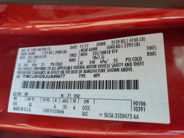 1FMCU9HD9JUA99677 - 2018 FORD ESCAPE SEL 红色 照片 13