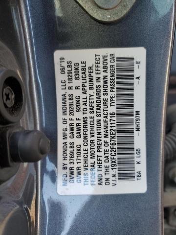 19XFC2F67KE211716 - 2019 HONDA CIVIC LX GRAY photo 13