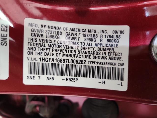1HGFA16887L006262 - 2007 HONDA CIVIC EX RED photo 12