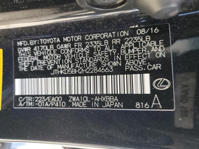 JTHKD5BH2H2284663 - 2017 LEXUS CT 200 BLACK photo 12