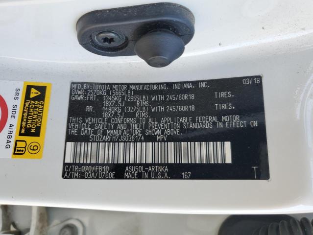 5TDZARFH7JS036174 - 2018 TOYOTA HIGHLANDER LE Սպիտակ լուսանկար 14