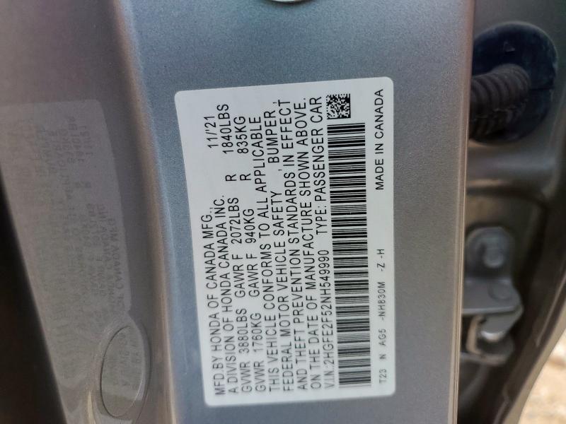 2HGFE2F52NH549990 - 2022 HONDA CIVIC SPORT SILVER photo 13