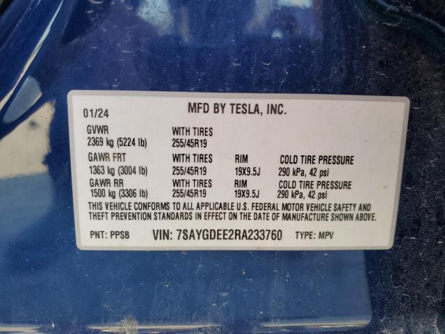 7SAYGDEE2RA233760 - 2024 TESLA MODEL Y BLUE photo 12