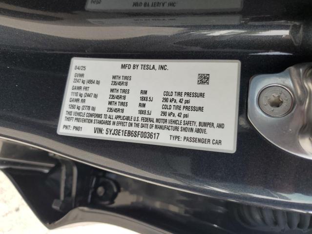 5YJ3E1EB6SF003617 - 2025 TESLA MODEL 3 Сұр фото 12
