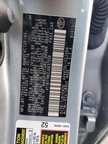 4T1B11HK2JU637558 - 2018 TOYOTA CAMRY L SILVER photo 12