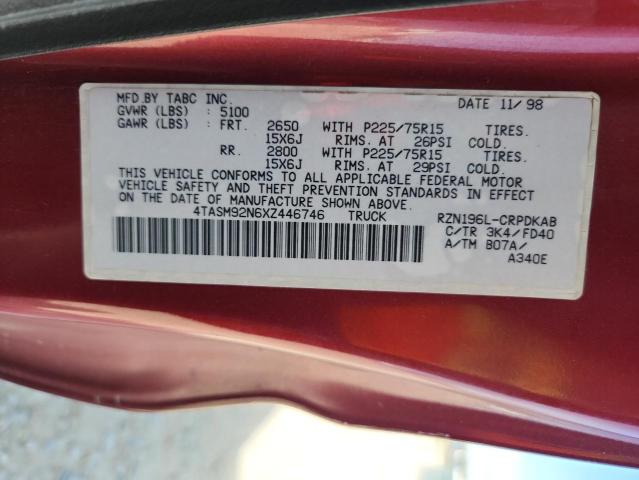 4TASM92N6XZ446746 - 1999 TOYOTA TACOMA XTRACAB PRERUNNER Темно-червоний фото 12