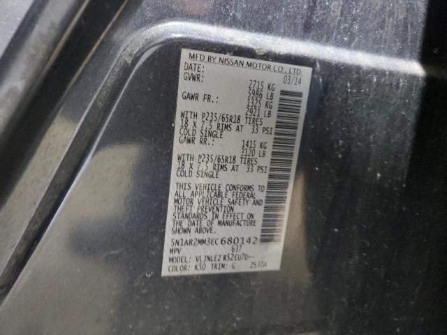 5N1AR2MM3EC680142 - 2014 NISSAN PATHFINDER S GRAY photo 12