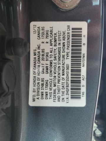 2HGFB2F55DH515601 - 2013 HONDA CIVIC LX GRAY photo 12