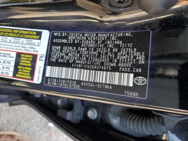 4T4BF1FK0DR274675 - 2013 TOYOTA CAMRY L BLACK photo 12