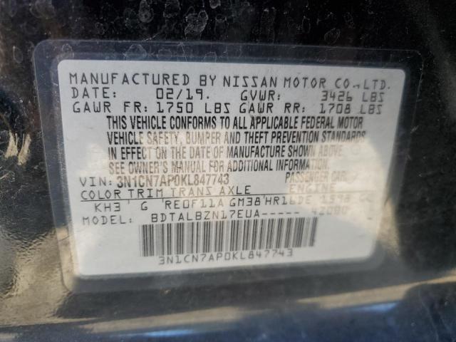 3N1CN7AP0KL847743 - 2019 NISSAN VERSA S BLACK photo 12