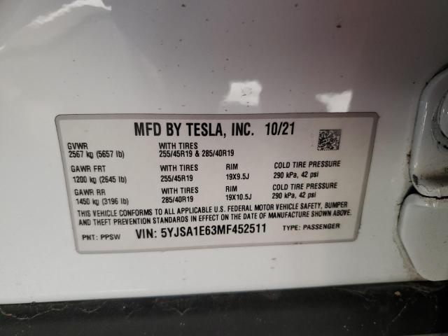 5YJSA1E63MF452511 - 2021 TESLA MODEL S თეთრი ფოტო 13