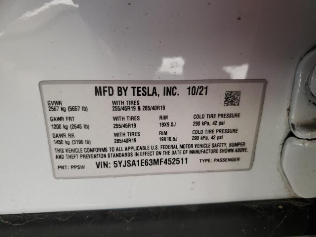 5YJSA1E63MF452511 - 2021 TESLA MODEL S WHITE photo 13