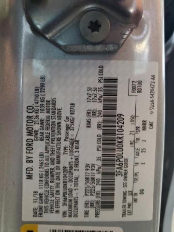 3FA6P0LU0KR104209 - 2019 FORD FUSION SE ვერცხლისფერი ფოტო 12