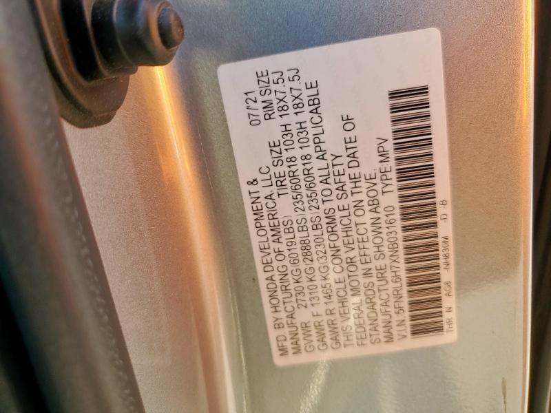 5FNRL6H7XNB031610 - 2022 HONDA ODYSSEY EXL 银色 照片 14