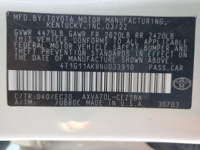 4T1G11AK8NU033910 - 2022 TOYOTA CAMRY SE WHITE photo 12