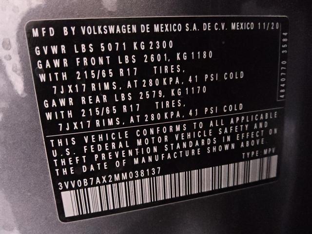 3VV0B7AX2MM038137 - 2021 VOLKSWAGEN TIGUAN S GRAY photo 14