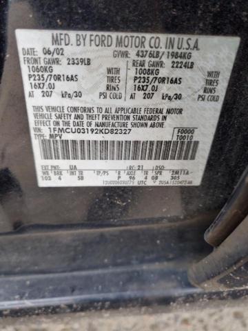 1FMCU03192KD82327 - 2002 FORD ESCAPE XLT BLACK photo 12