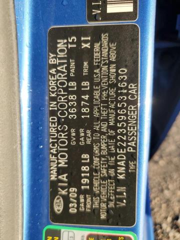 KNADE223596531630 - 2009 KIA RIO BASE BLUE photo 12