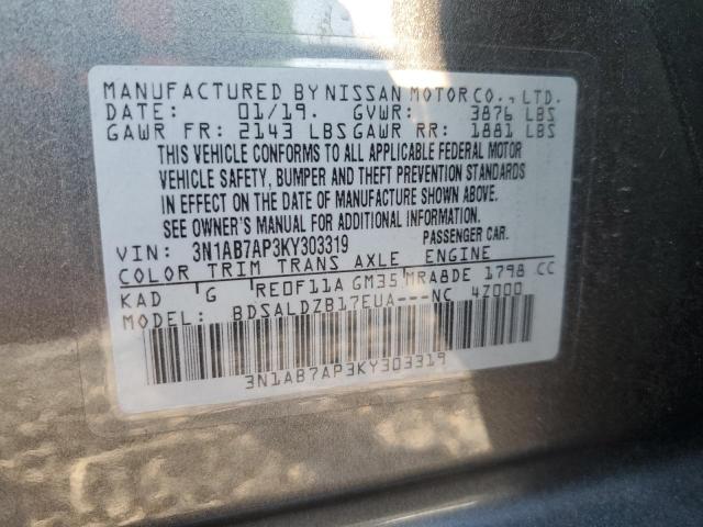 3N1AB7AP3KY303319 - 2019 NISSAN SENTRA S GRAY photo 12