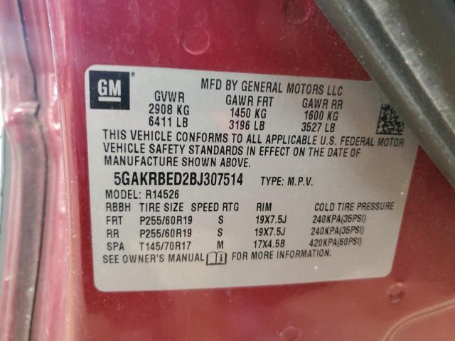 5GAKRBED2BJ307514 - 2011 BUICK ENCLAVE CXL 红色 照片 13