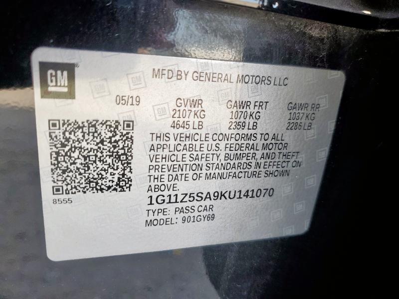 1G11Z5SA9KU141070 - 2019 CHEVROLET IMPALA LT შავი ფოტო 12