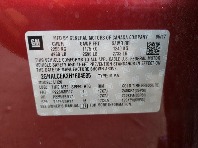 2GNALCEK2H1604535 - 2017 CHEVROLET EQUINOX LT RED photo 13